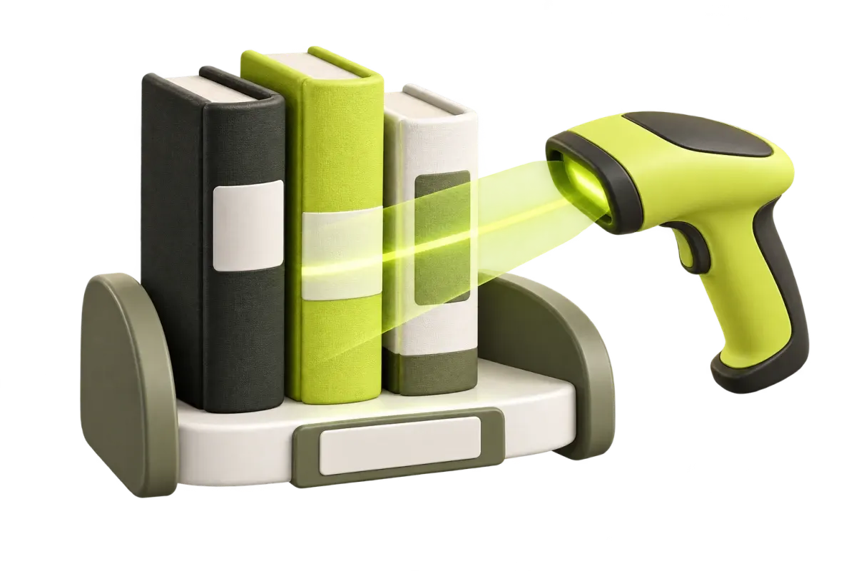 Barcodescanner scant boeken op een schap met een lime laserstraal